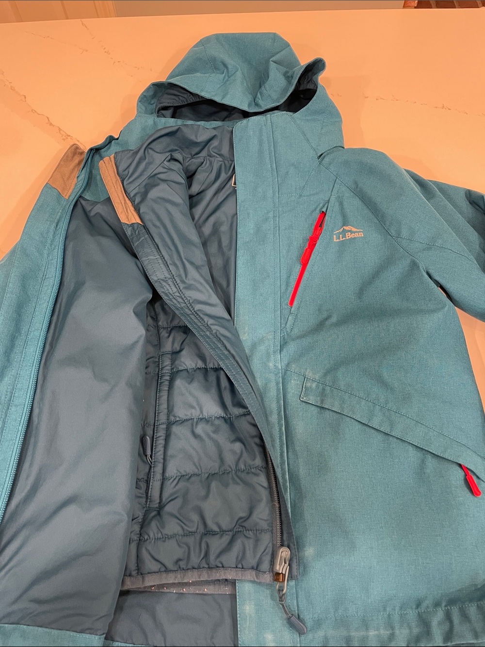 L.L. Bean Teal Hooded Winter Jacket with Red Accents